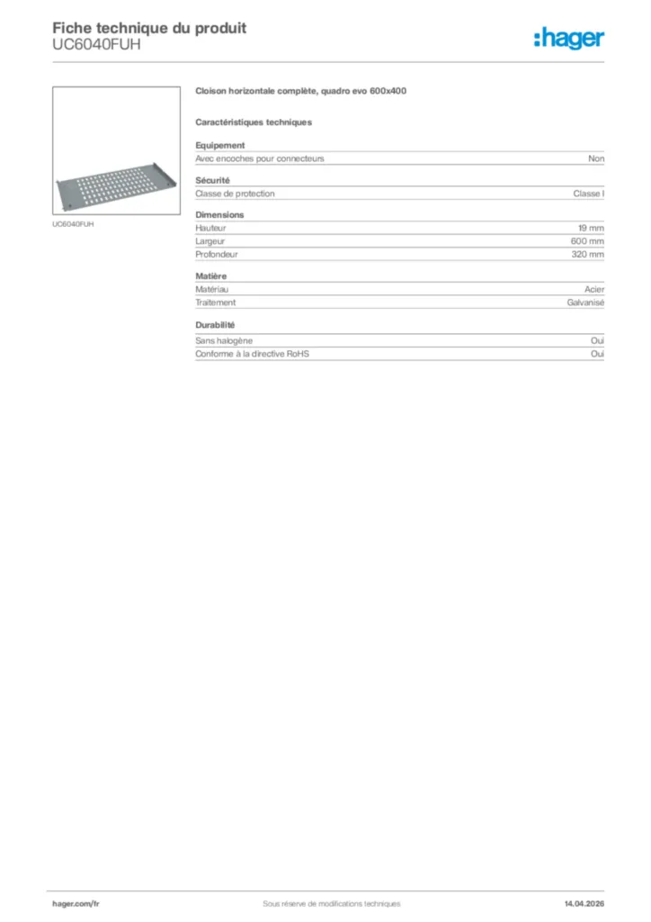 Image Hager Fiche technique du produit UC6040FUH | Hager France