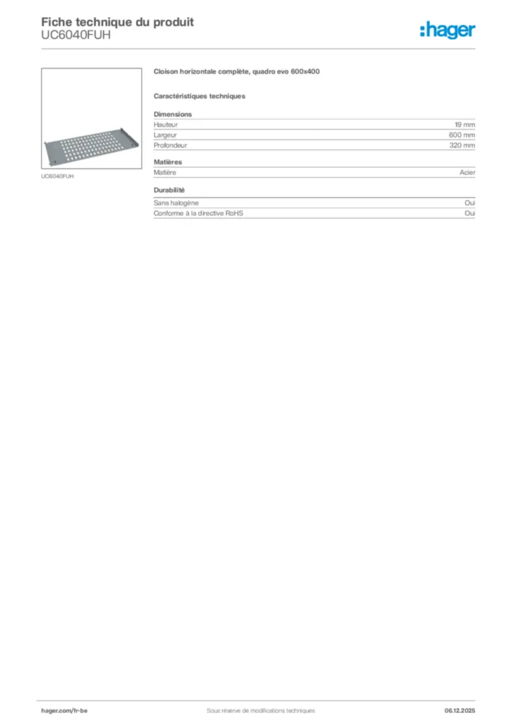 Image Hager Fiche technique du produit UC6040FUH | Hager Belgique
