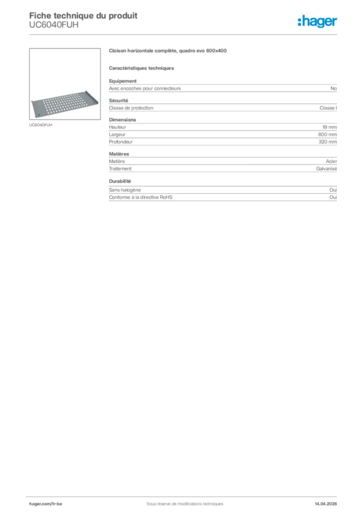 Image Hager Fiche technique du produit UC6040FUH | Hager Belgique