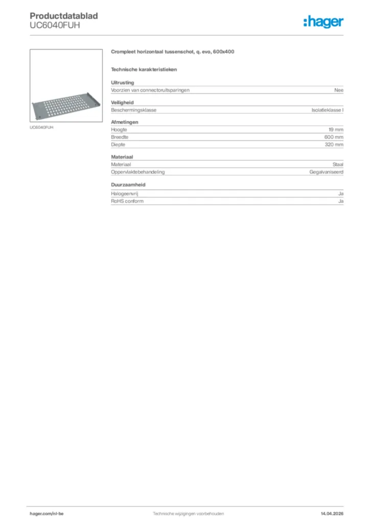 Afbeelding Hager Productdatablad UC6040FUH | Hager Belgium