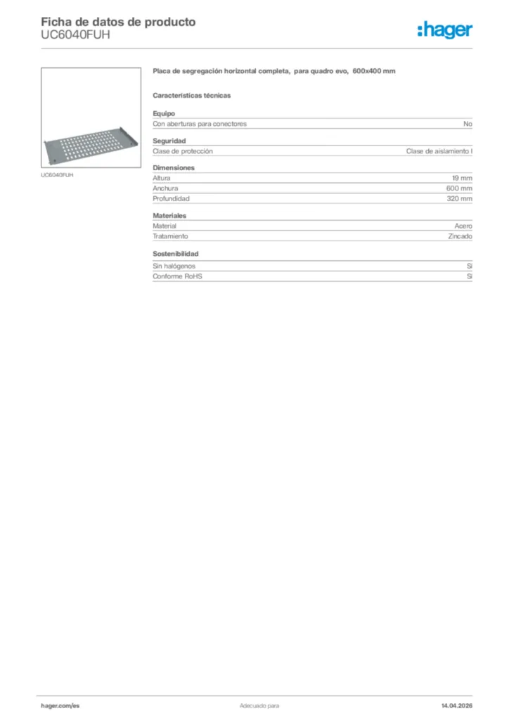 Imagen Hager Ficha de datos de producto UC6040FUH | Hager España