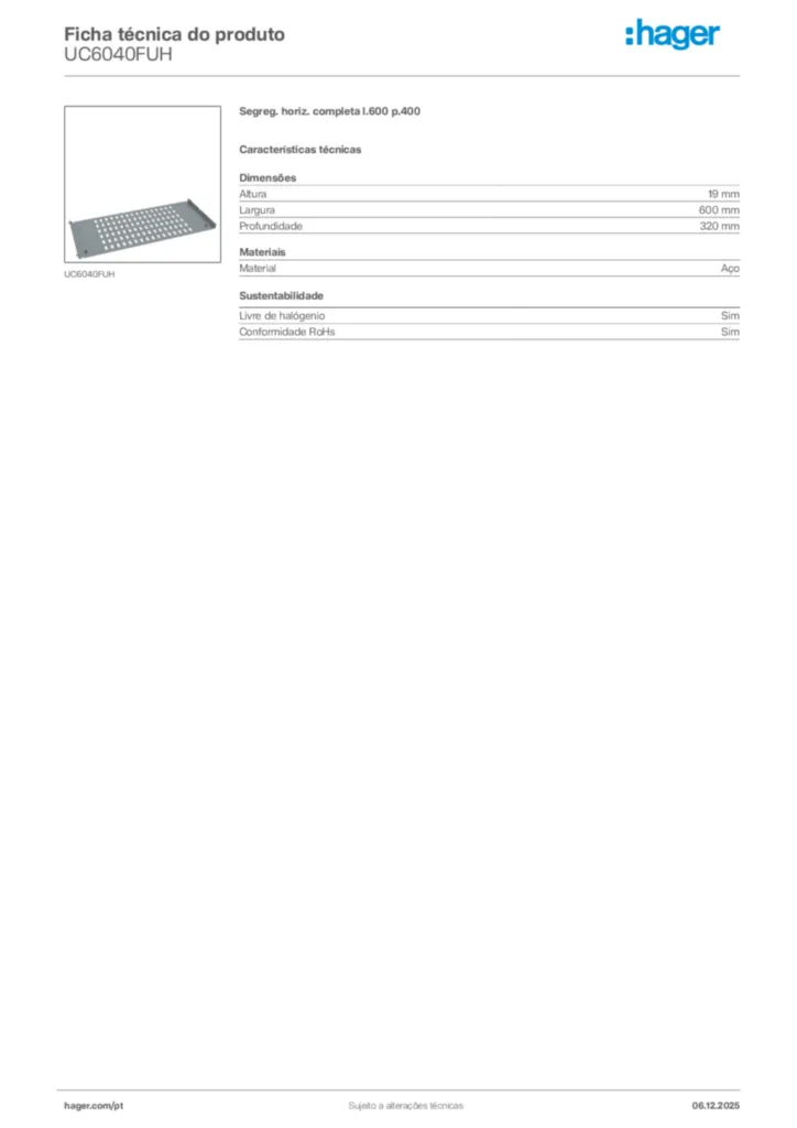 Imagem Hager Ficha técnica do produto UC6040FUH | Hager Portugal
