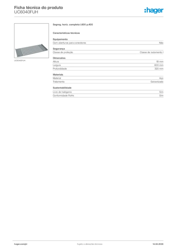 Imagem Hager Ficha técnica do produto UC6040FUH | Hager Portugal