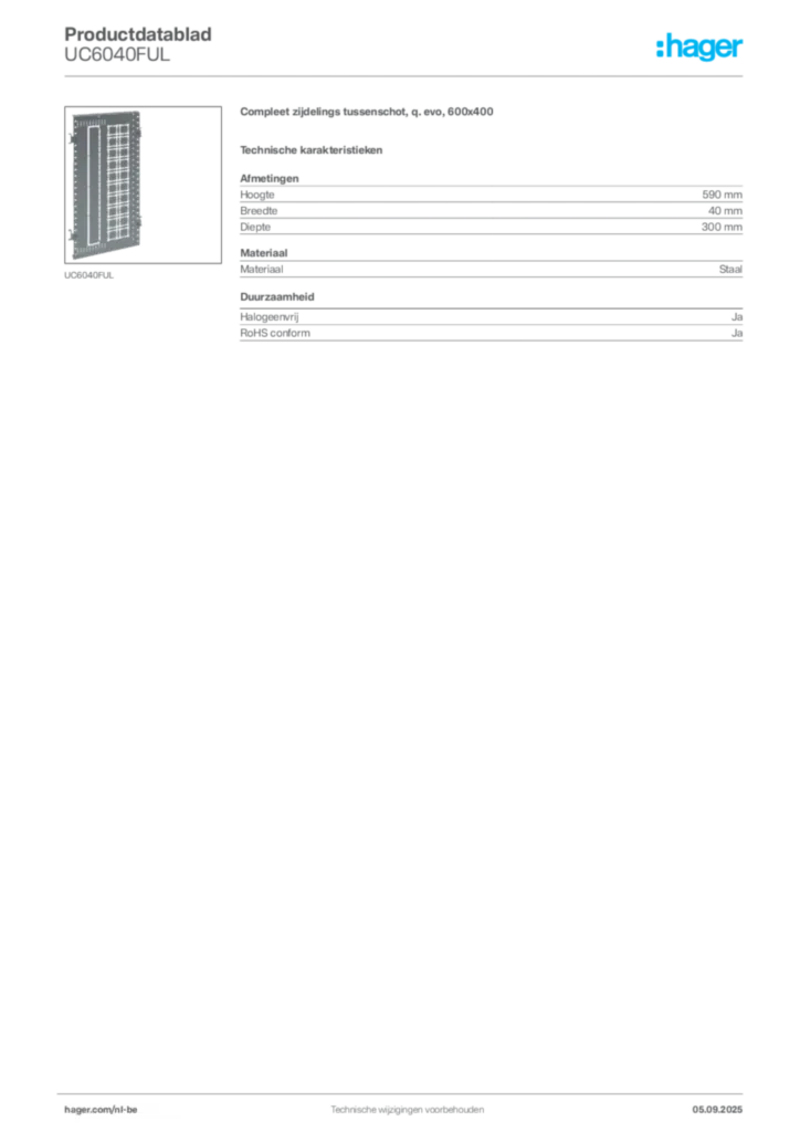 Afbeelding Hager Productdatablad UC6040FUL | Hager Belgium