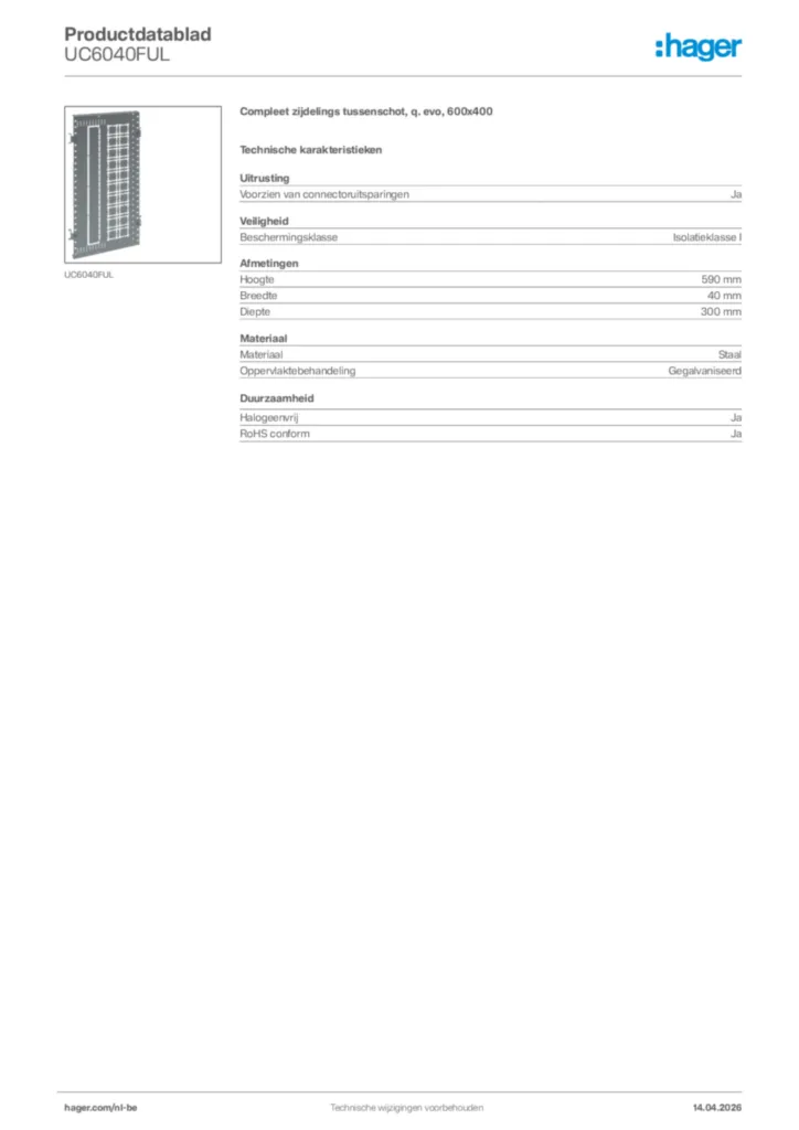 Afbeelding Hager Productdatablad UC6040FUL | Hager Belgium