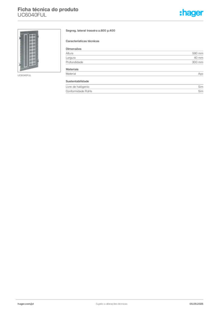 Imagem Hager Ficha técnica do produto UC6040FUL | Hager Portugal