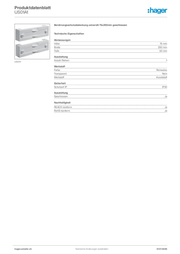 Bild Hager Produktdatenblatt US01A1 | Hager Schweiz