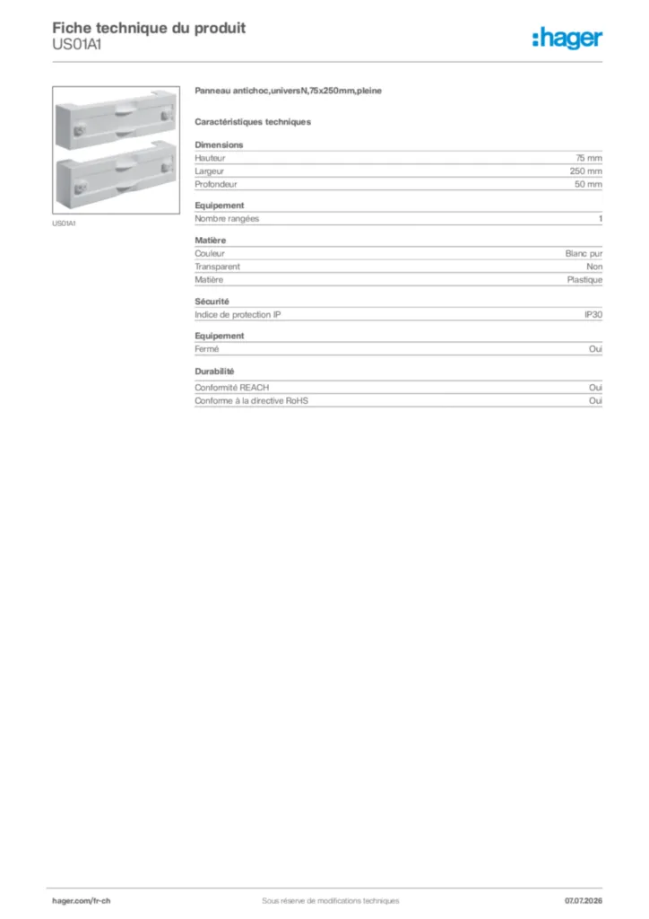 Image Hager Fiche technique du produit US01A1 | Hager Suisse