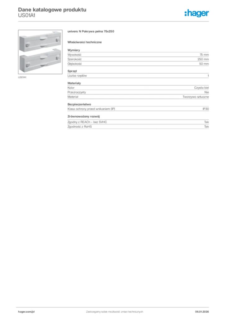 Zdjęcie Hager Karta katalogowa US01A1 | Hager Polska