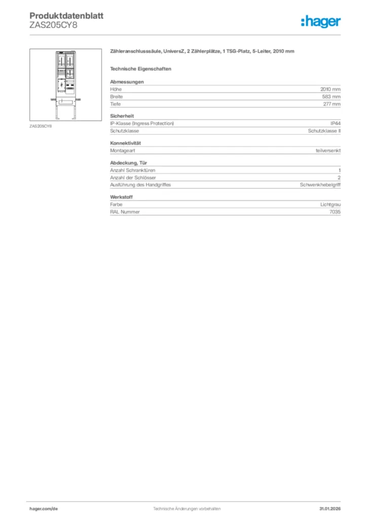 Bild Hager Produktdatenblatt ZAS205CY8 | Hager Deutschland
