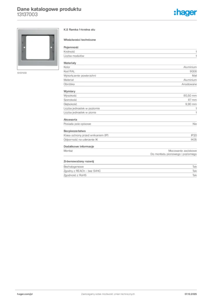 Zdjęcie Hager Dane katalogowe produktu 13137003 | Hager Polska