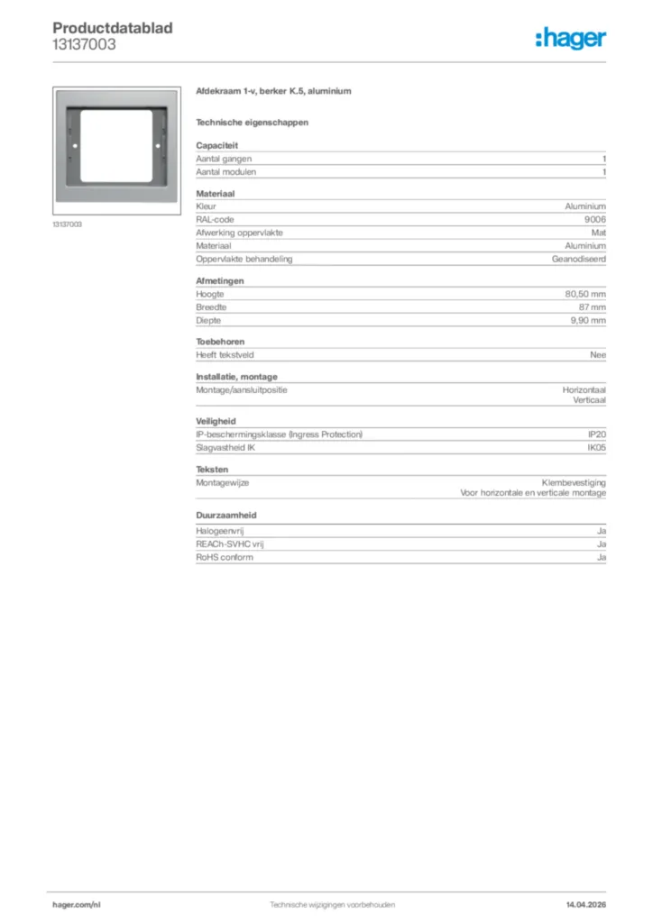 Afbeelding Hager Productdatablad 13137003 | Hager Nederland