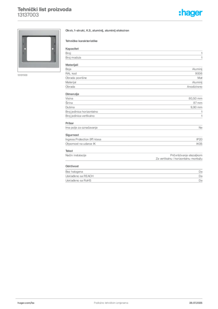 Slika Hager Product data sheet 13137003  | Hager