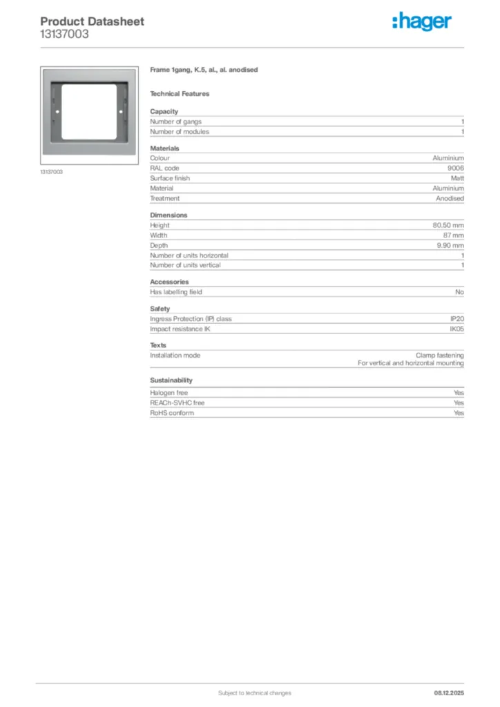 Image Hager Product data sheet 13137003  | Hager