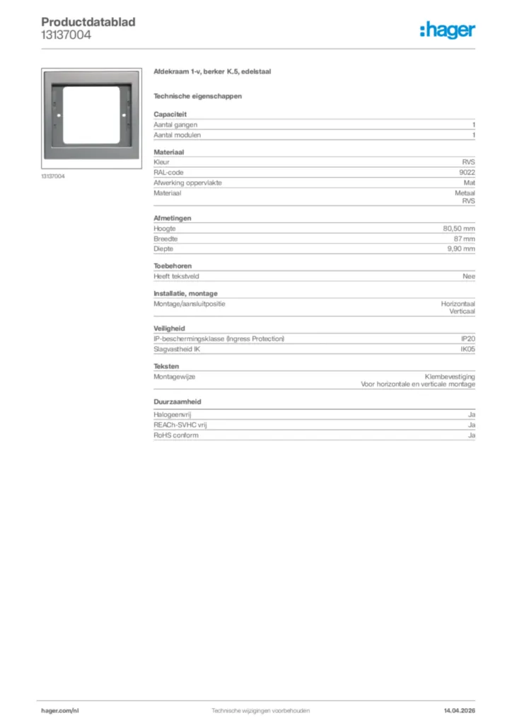 Afbeelding Hager Productdatablad 13137004 | Hager Nederland