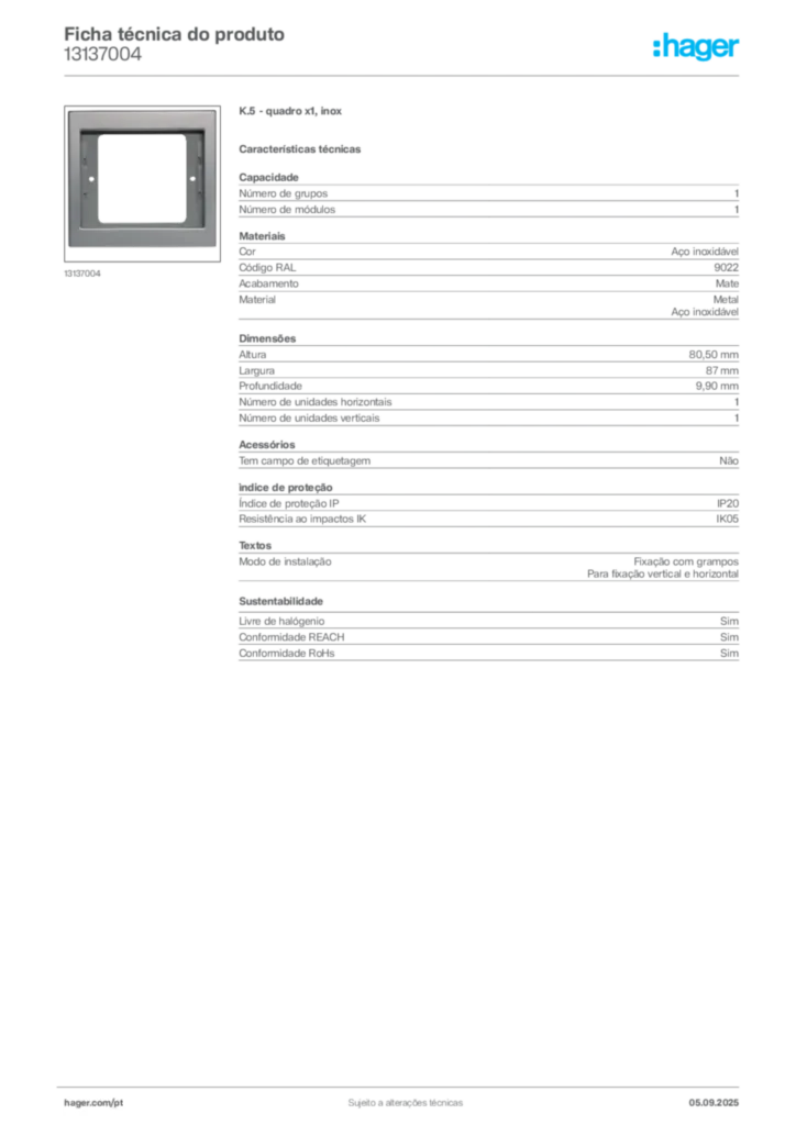 Imagem Hager Ficha técnica do produto 13137004 | Hager Portugal