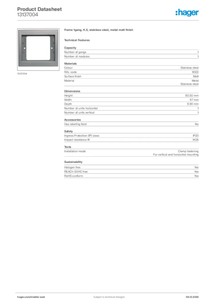 Image Hager Product data sheet 13137004  | Hager