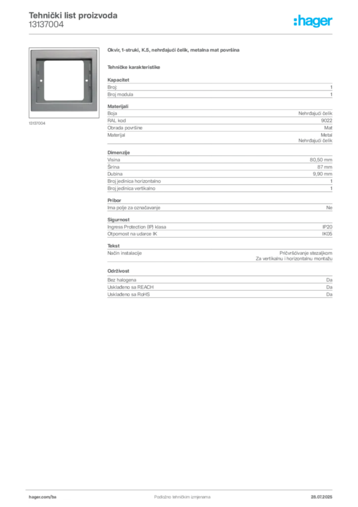 Slika Hager Product data sheet 13137004  | Hager