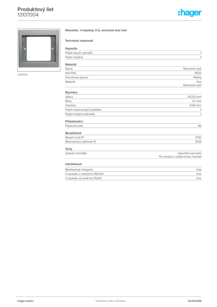 Obrázek Hager Produktový list 13137004 | Hager