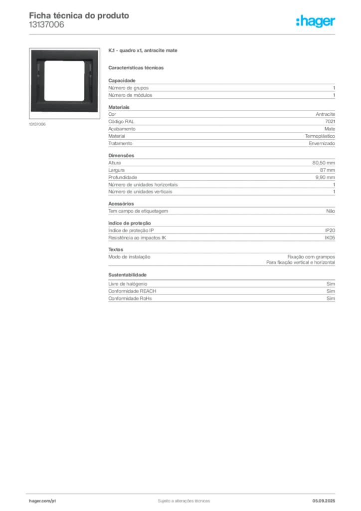 Imagem Hager Ficha técnica do produto 13137006 | Hager Portugal