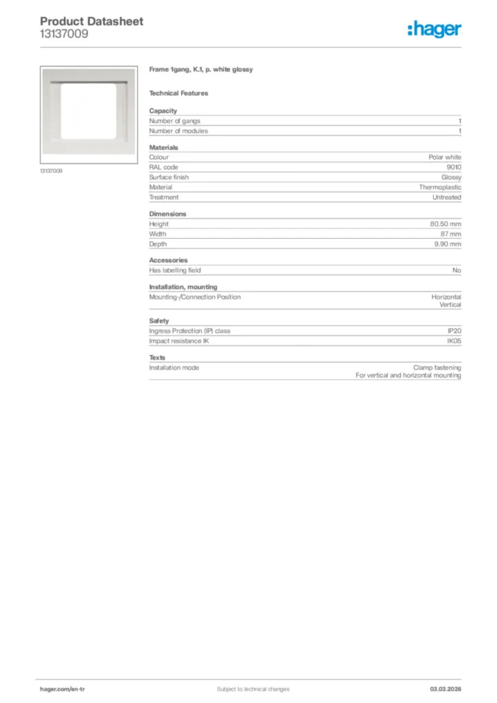 Image Hager Product data sheet 13137009  | Hager
