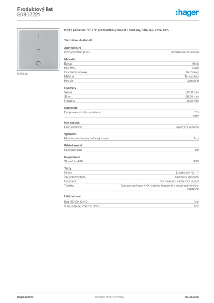 Obrázek Hager Product data sheet 80962221 | Hager