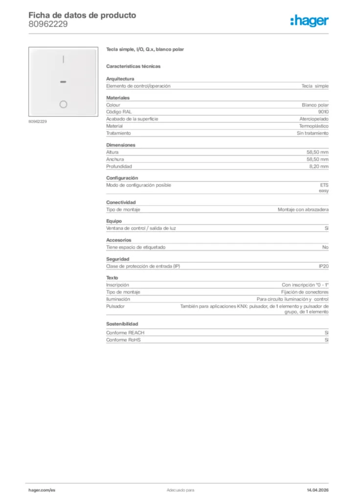 Imagen Hager Ficha de datos de producto 80962229 | Hager España