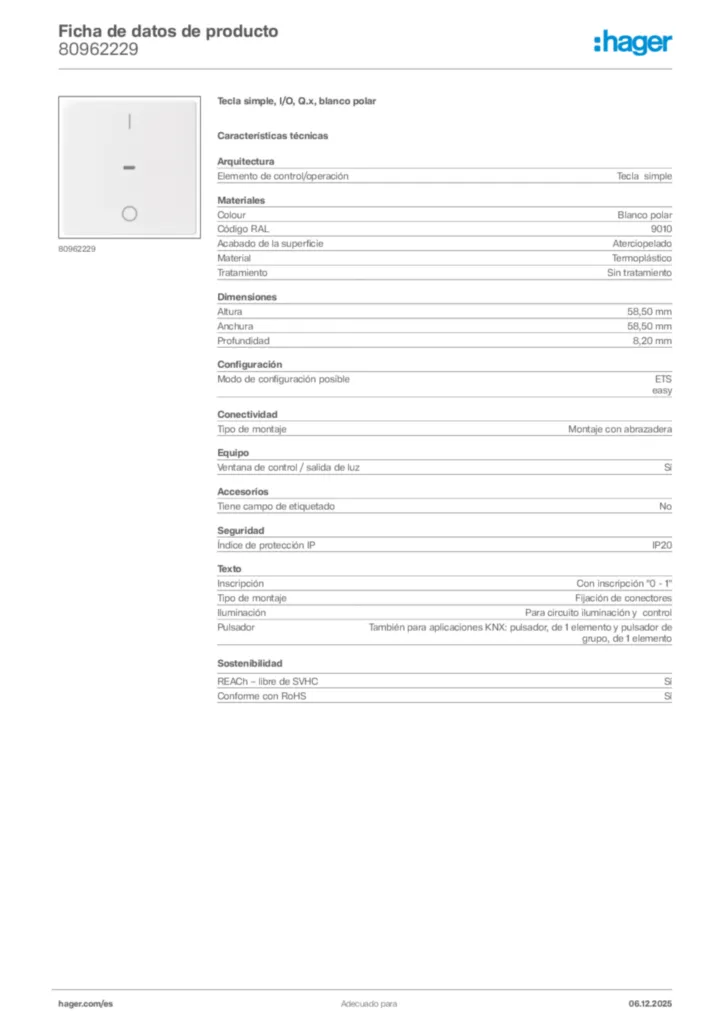 Imagen Hager Ficha de datos de producto 80962229 | Hager España