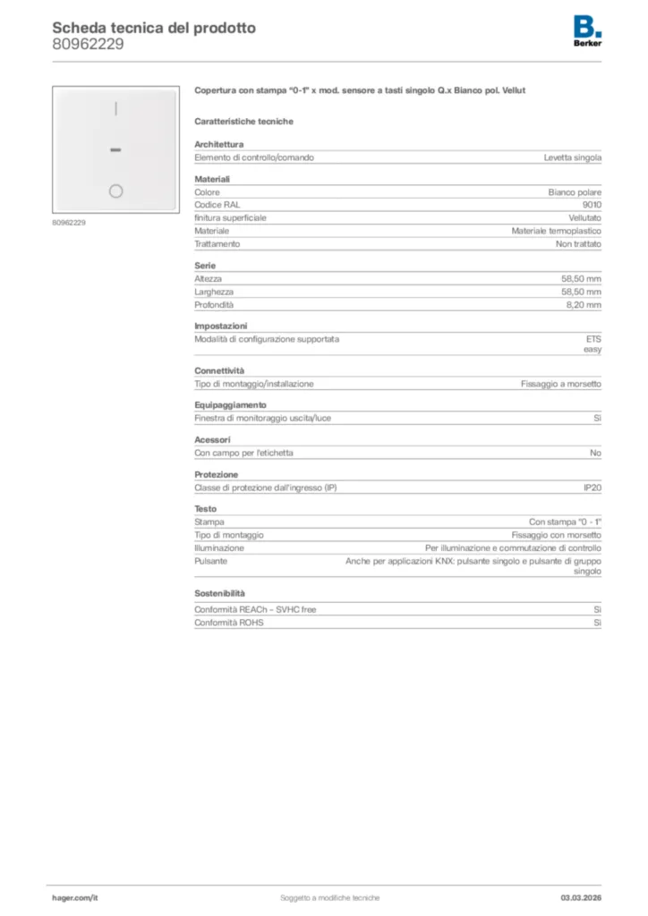Immagine Berker Scheda tecnica del prodotto 80962229 | Hager Italia
