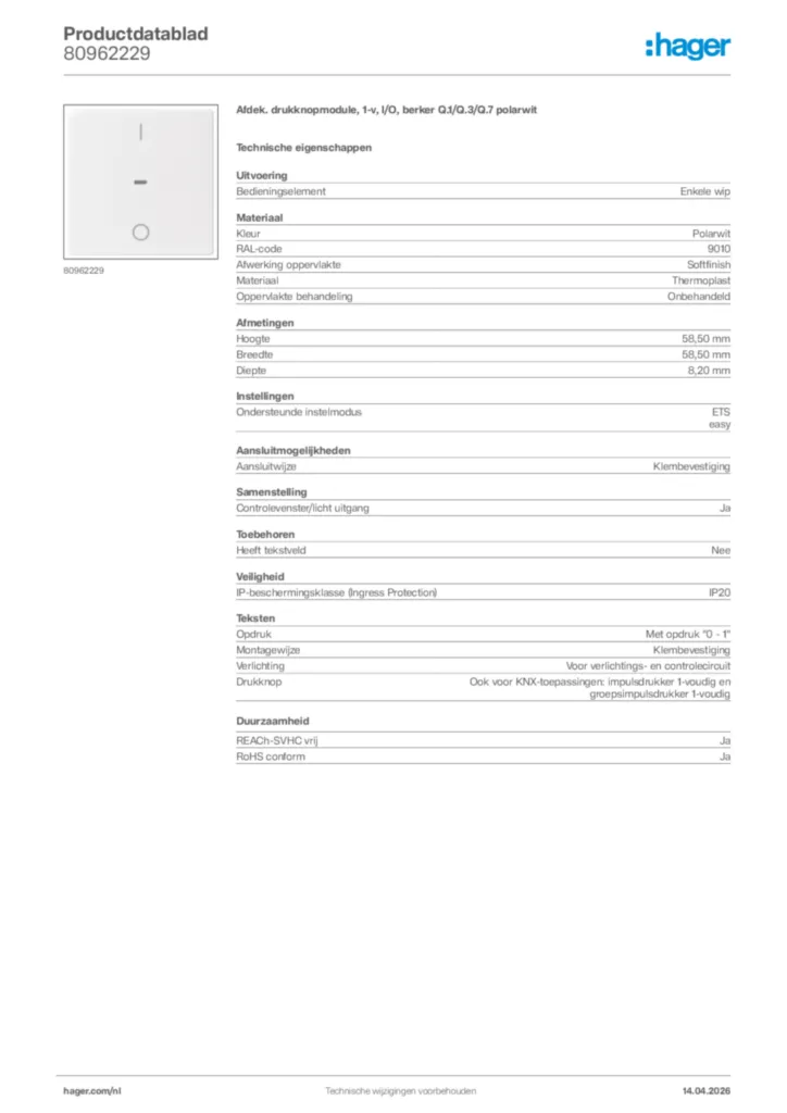 Afbeelding Hager Productdatablad 80962229 | Hager Nederland