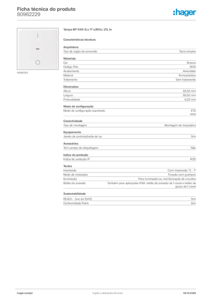 Imagem Hager Ficha técnica do produto 80962229 | Hager Portugal