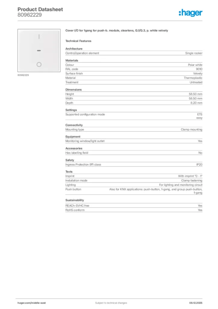 Image Hager Product data sheet 80962229  | Hager