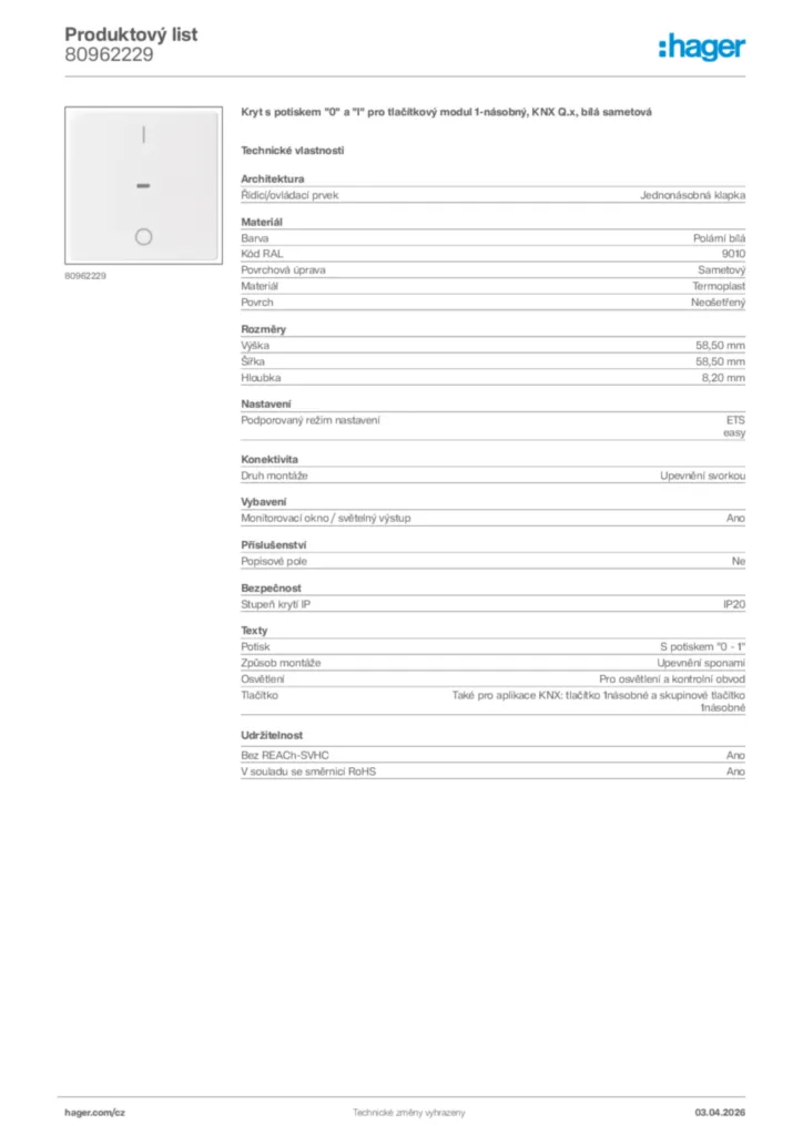 Obrázek Hager Product data sheet 80962229 | Hager
