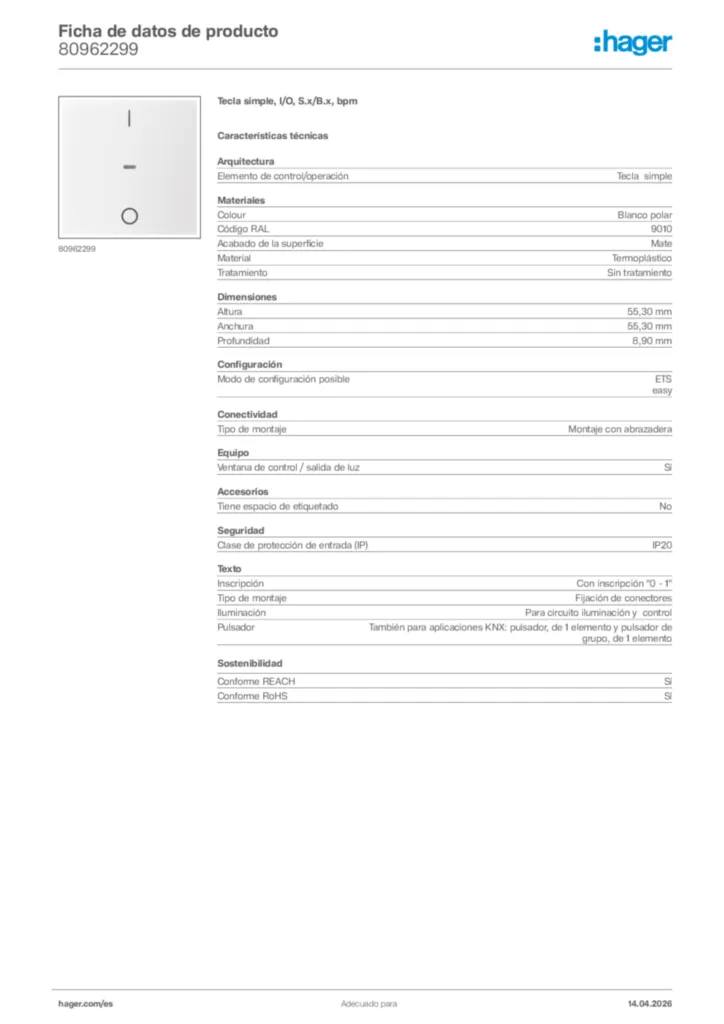 Imagen Hager Ficha de datos de producto 80962299 | Hager España