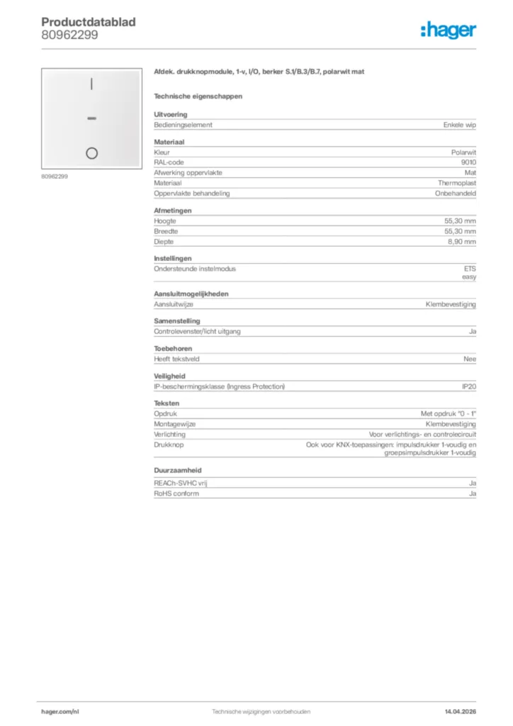 Afbeelding Hager Productdatablad 80962299 | Hager Nederland