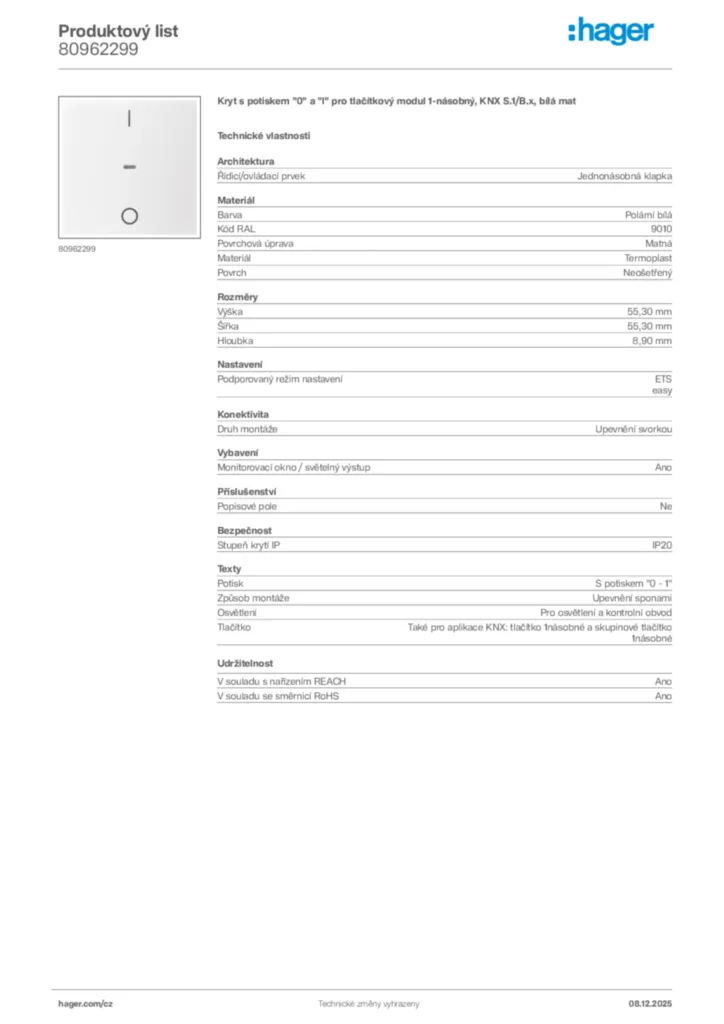 Obrázek Hager Product data sheet 80962299 | Hager
