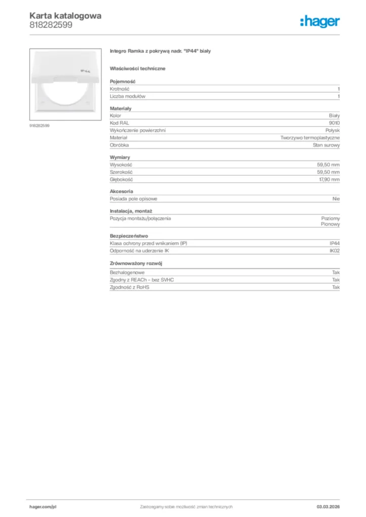 Zdjęcie Hager Karta katalogowa 818282599 | Hager Polska