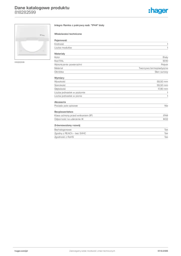 Zdjęcie Hager Karta katalogowa 818282599 | Hager Polska