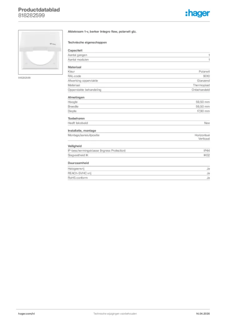 Afbeelding Hager Productdatablad 818282599 | Hager Nederland
