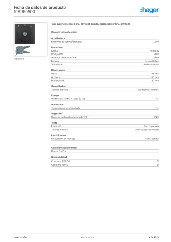 Imagen Hager Ficha de datos de producto 1081160600 | Hager España