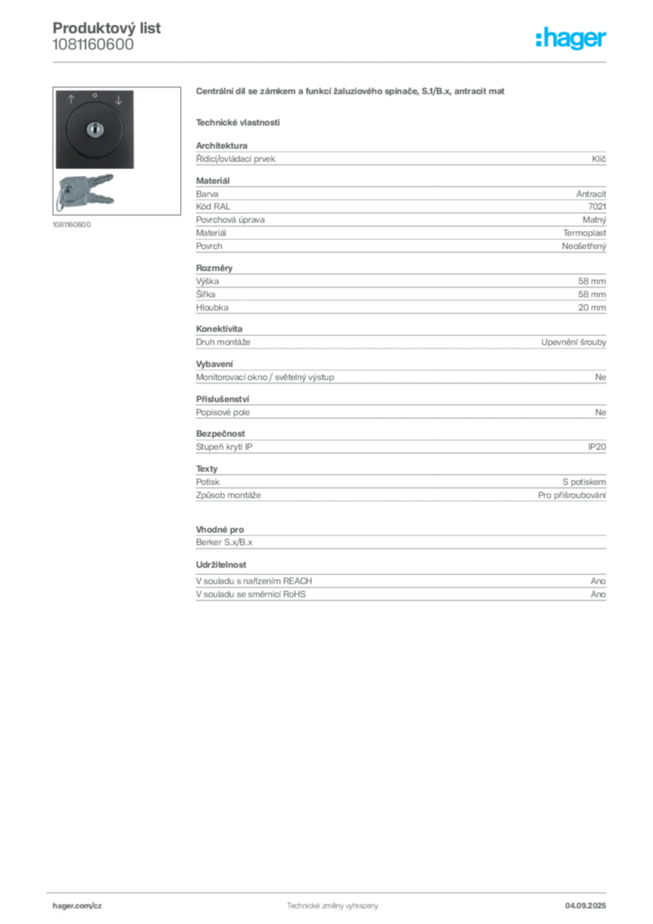 Obrázek Hager Produktový list 1081160600 | Hager