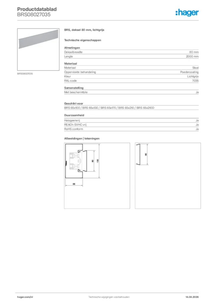 Afbeelding Hager Productdatablad BRS08027035 | Hager Nederland