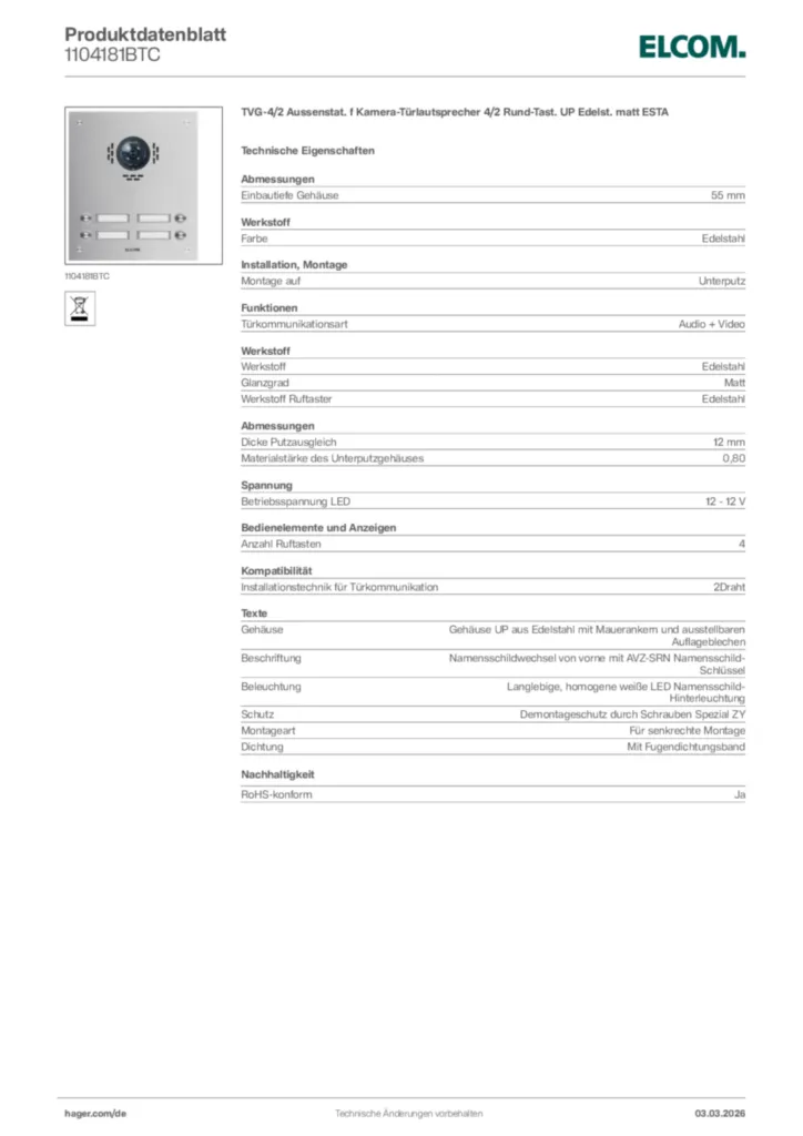 Bild Elcom Produktdatenblatt 1104181BTC | Hager Deutschland
