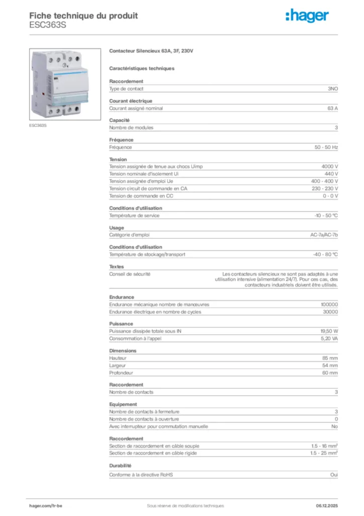 Image Hager Fiche technique du produit ESC363S | Hager Belgique