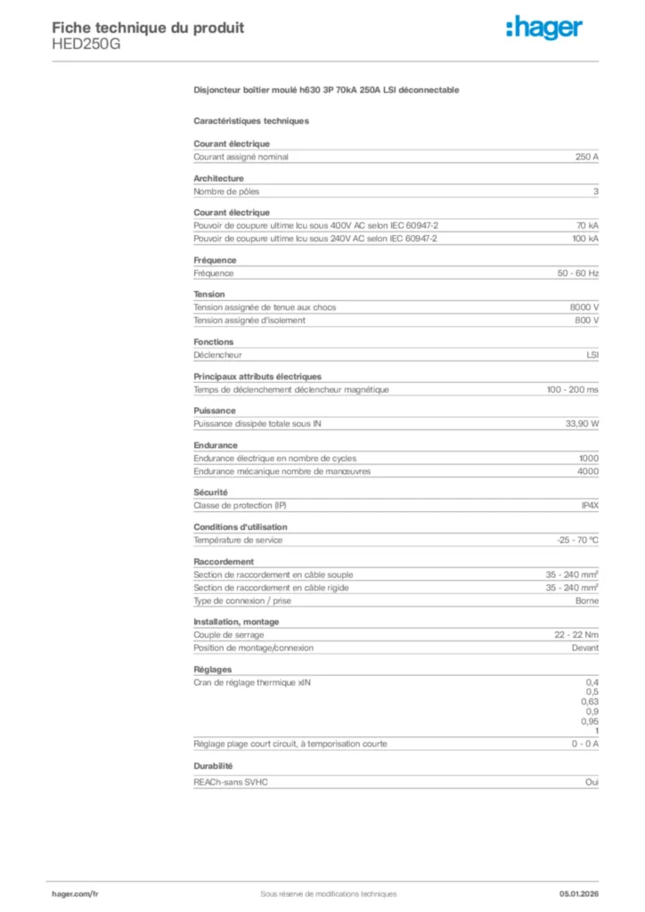 Image Hager Fiche technique du produit HED250G | Hager France
