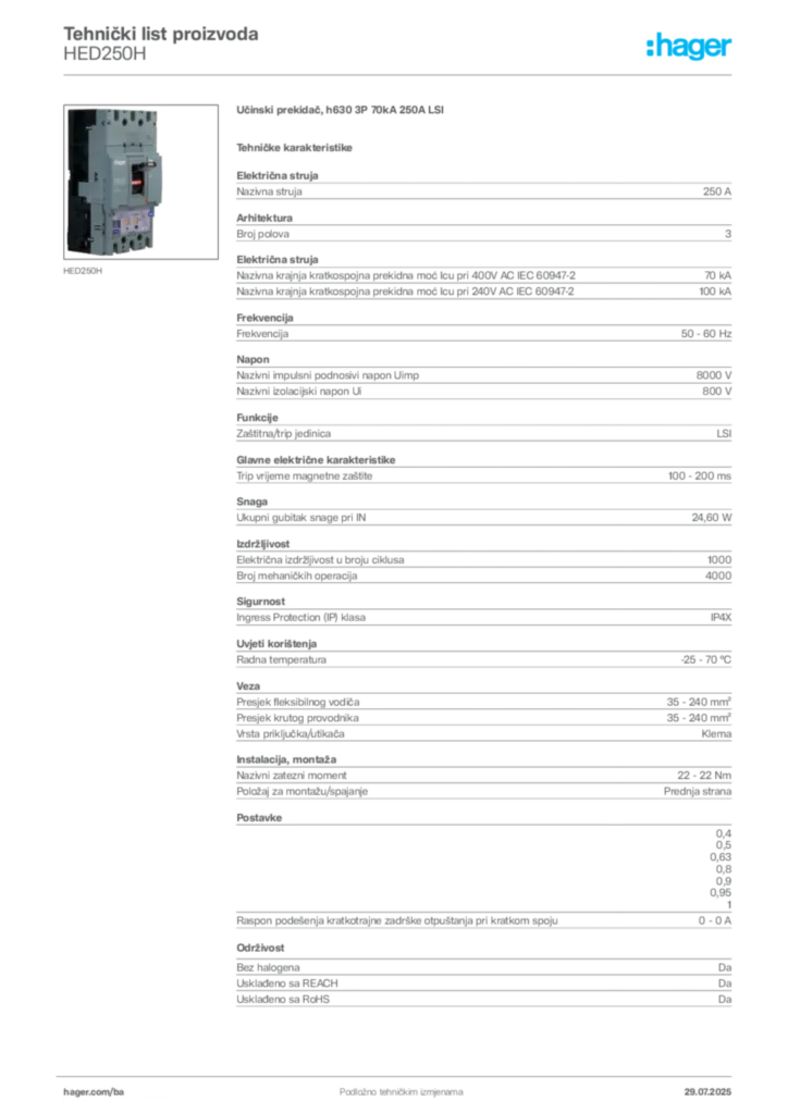 Slika Hager Product data sheet HED250H  | Hager