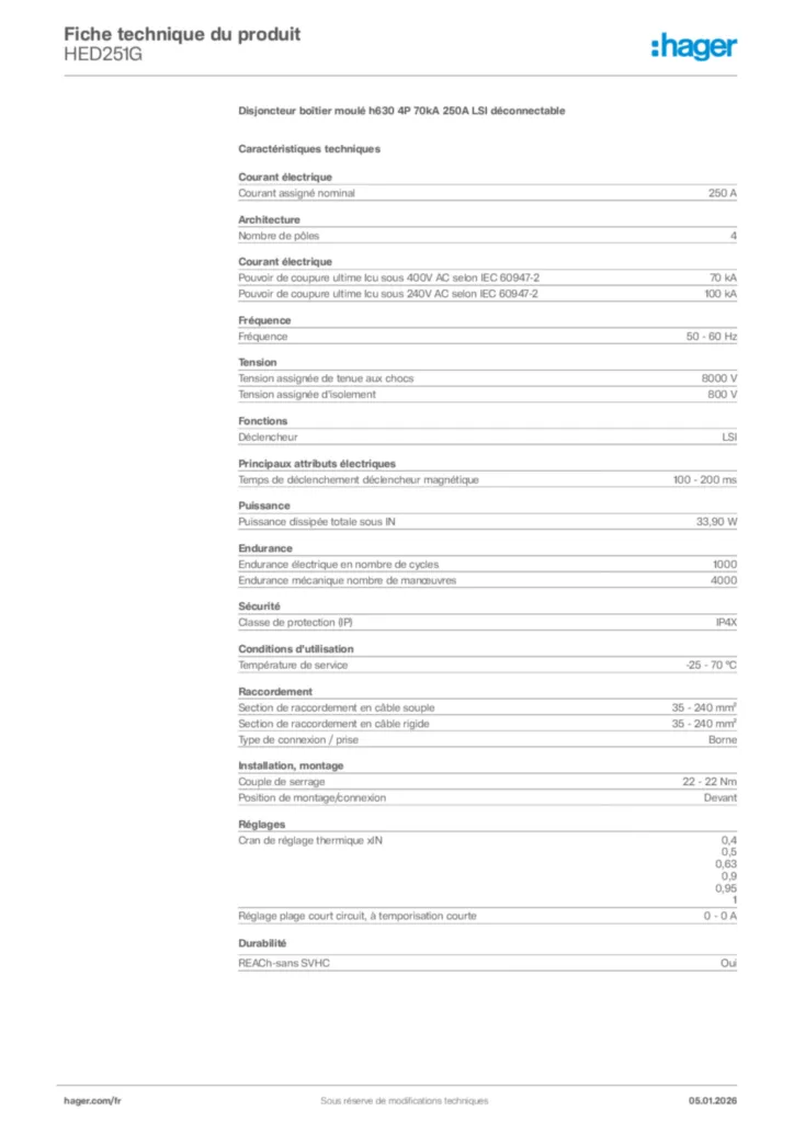 Image Hager Fiche technique du produit HED251G | Hager France