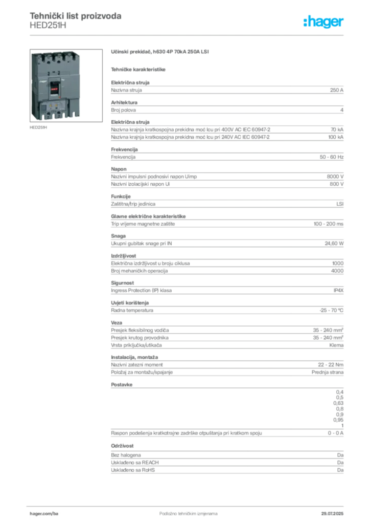 Slika Hager Product data sheet HED251H  | Hager