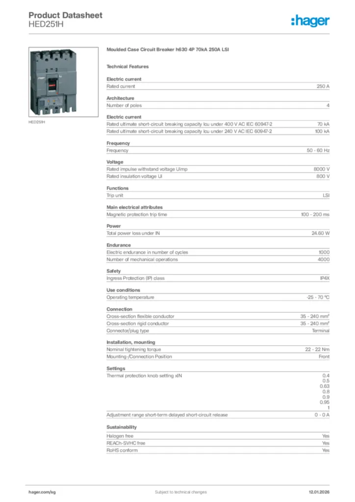 Image Hager Product data sheet HED251H  | Hager