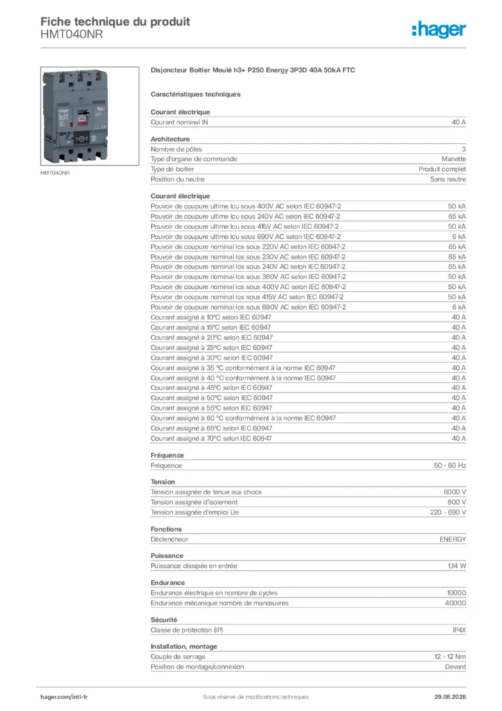 Image Hager Fiche technique du produit HMT040NR | Hager Afrique